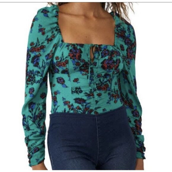 NWT $98 Free People Hilary Printed Top Size XS Green Combo Smocked Blouse - Picture 2 of 16